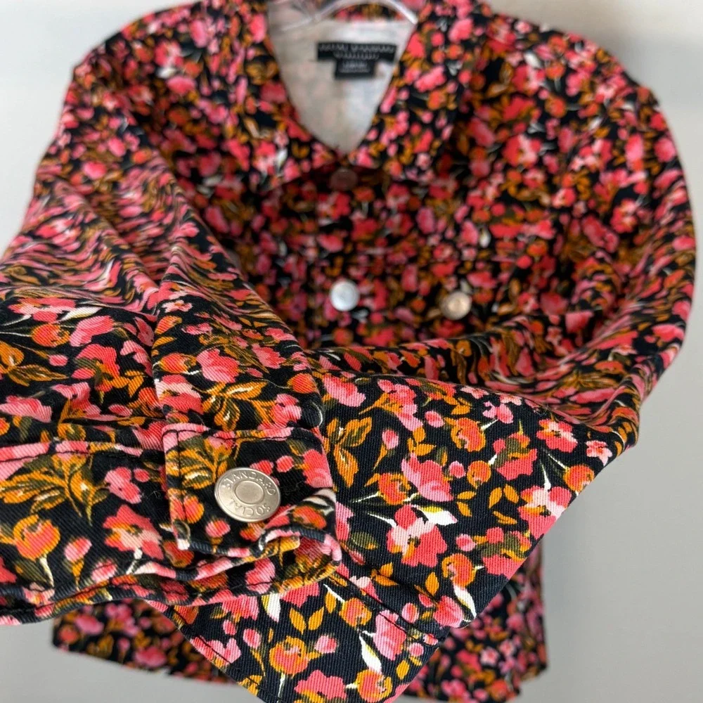 Social Standard Sanctuary Girls Floral Denim Jacket Pink Orng Blck L 10-12 0386